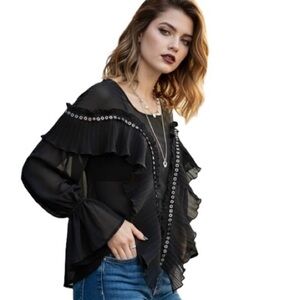 Ina blouse black sheer pleated ruffles silver grommets long sleeve M/L NWT